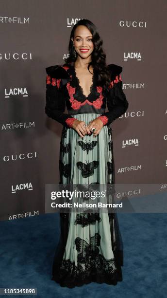 Zoe Saldana, wearing Gucci, attends the 2019 LACMA Art + Film Gala Presented By Gucci at LACMA on November 02, 2019 in Los Angeles, California.