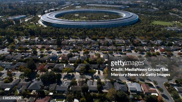 Apple Park's spaceship campus is seen from this drone view in Sunnyvale, Calif., on Monday, Oct. 21, 2019.