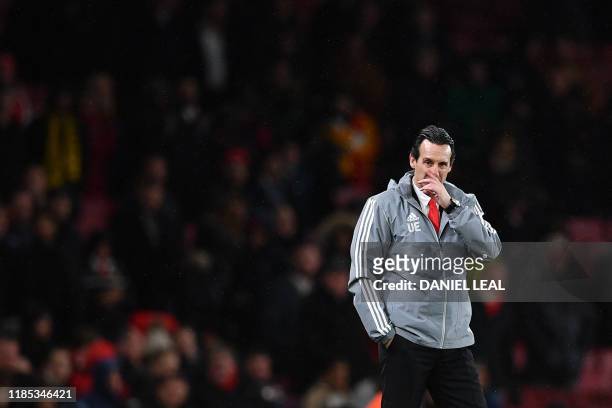 Arsenal's Spanish head coach Unai Emery reacts during their UEFA Europa league Group F football match between Arsenal and Eintracht Frankfurt at the...