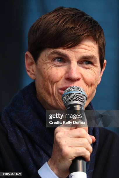 Jockey Craig Williams speaks during the press conference after the 2019 Melbourne Cup Parade on November 04, 2019 in Melbourne, Australia.