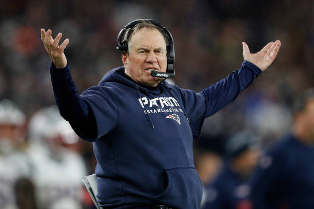 Head coach Bill Belichick of the New England Patriots reacts against the Baltimore Ravens during the fourth quarter at M&T Bank Stadium on November...