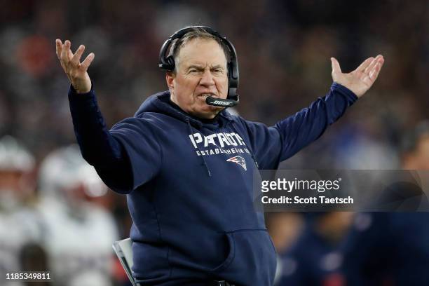 Head coach Bill Belichick of the New England Patriots reacts against the Baltimore Ravens during the fourth quarter at M&T Bank Stadium on November...