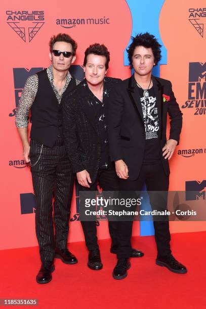 Mike Dirnt, Billie Joe Armstrong and Tre Cool of Green Day attend the MTV EMAs 2019 at FIBES Conference and Exhibition Centre on November 03, 2019 in...
