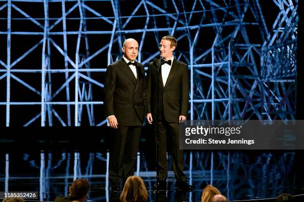 Yuri Milner and Mark Zuckerberg speak onstage during the 2020 Breakthrough Prize at NASA Ames Research Center on November 03, 2019 in Mountain View,...
