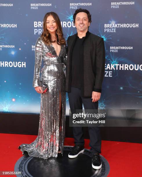 Nicole Shanahan and Sergey Brin attend the 2020 Breakthrough Prize Ceremony at NASA Ames Research Center on November 03, 2019 in Mountain View,...