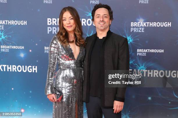 Nicole Shanahan and Sergey Brin attend the 2020 Breakthrough Prize Ceremony at NASA Ames Research Center on November 03, 2019 in Mountain View,...