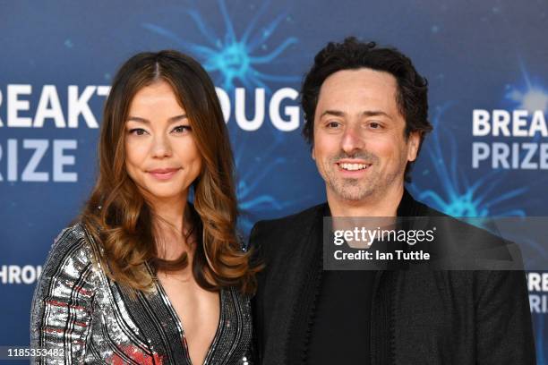 Nicole Shanahan and Sergey Brin attend the 2020 Breakthrough Prize Red Carpet at NASA Ames Research Center on November 03, 2019 in Mountain View,...