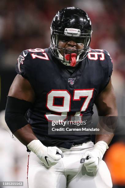 Grady Jarrett of the Atlanta Falcons reacts following making a tackle during the first half of a game against the New Orleans Saints at Mercedes-Benz...