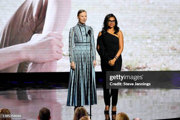 Julia Milner and Taraji P. Henson speak onstage during the 2020 Breakthrough Prize at NASA Ames Research Center on November 03, 2019 in Mountain...