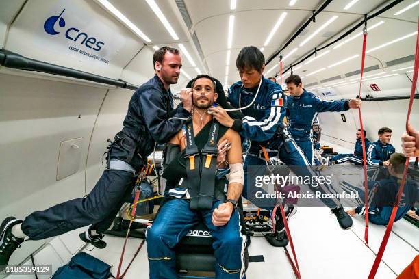 The CNES is conducting micro-gravity experiments aboard the Novespace ZERO-G aircraft on October 16, 2019 in Bordeaux, France. These experiments aim...