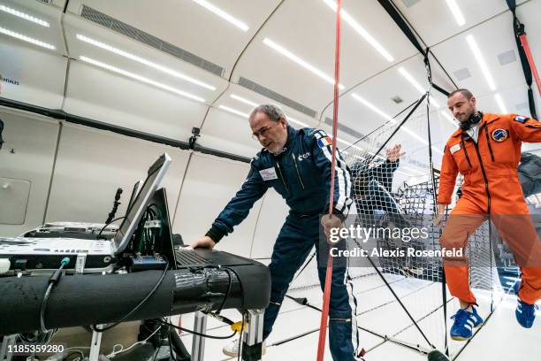 The CNES is conducting micro-gravity experiments aboard the Novespace ZERO-G aircraft on October 16, 2019 in Bordeaux, France. These experiments aim...