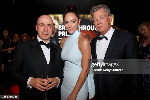 Yuri Milner, Katharine McPhee and David Foster attend the 2020 Breakthrough Prize at NASA Ames Research Center on November 03, 2019 in Mountain View,...