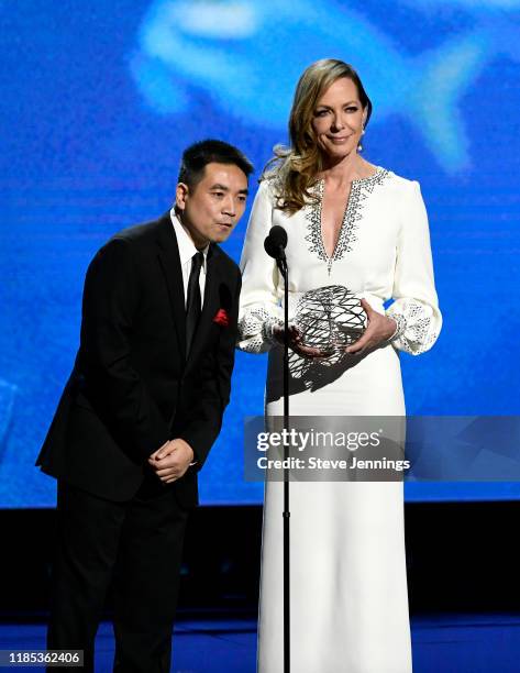 Eric Yuan and Allison Janney speak onstage during the 2020 Breakthrough Prize at NASA Ames Research Center on November 03, 2019 in Mountain View,...