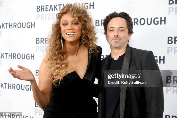 Tyra Banks and Sergey Brin attend the 2020 Breakthrough Prize at NASA Ames Research Center on November 03, 2019 in Mountain View, California.