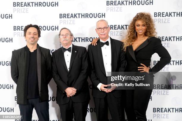 Sergey Brin, Arthur L. Horwich, F. Ulrich Hartl and Tyra Banks attend the 2020 Breakthrough Prize at NASA Ames Research Center on November 03, 2019...