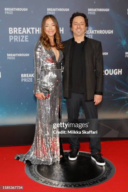 Nicole Shanahan and Sergey Brin attend the 2020 Breakthrough Prize Red Carpet at NASA Ames Research Center on November 03, 2019 in Mountain View,...