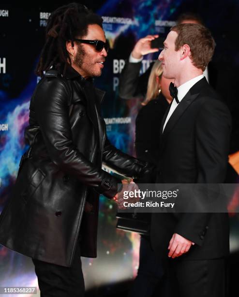 Lenny Kravitz and Mark Zuckerberg attend the 8th Annual Breakthrough Prize Ceremony at NASA Ames Research Center on November 03, 2019 in Mountain...
