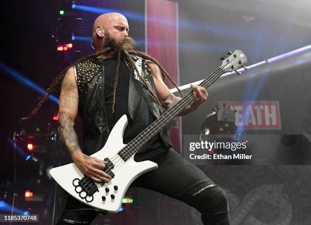 Bassist Chris Kael of Five Finger Death Punch performs as the band kicks off its fall 2019 tour at The Joint inside the Hard Rock Hotel & Casino on...