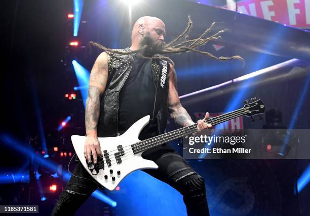 Bassist Chris Kael of Five Finger Death Punch performs as the band kicks off its fall 2019 tour at The Joint inside the Hard Rock Hotel & Casino on...