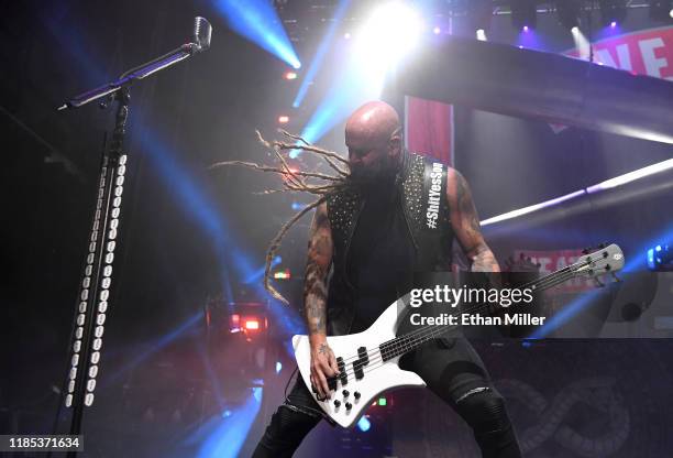 Bassist Chris Kael of Five Finger Death Punch performs as the band kicks off its fall 2019 tour at The Joint inside the Hard Rock Hotel & Casino on...