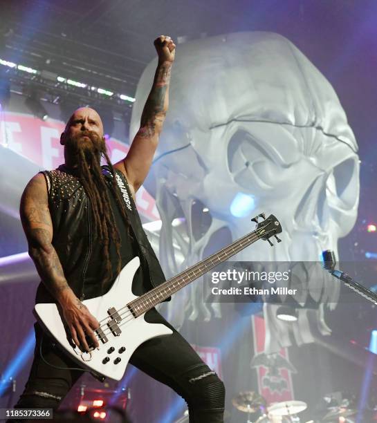 Bassist Chris Kael of Five Finger Death Punch performs as the band kicks off its fall 2019 tour at The Joint inside the Hard Rock Hotel & Casino on...