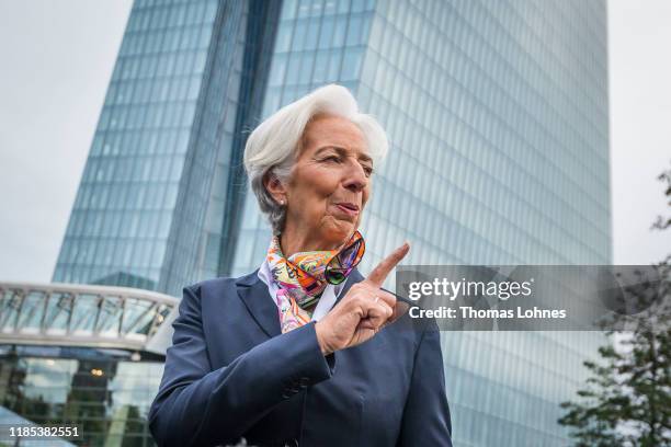 Christine Lagarde, new president of the European Central Bank , speaks to the media as she arrives for work at ECB headquarters following her recent...