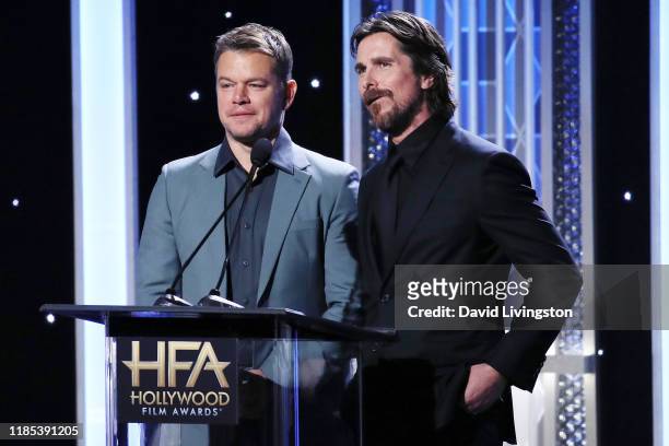 Matt Damon and Christian Bale appear on stage at the 23rd Annual Hollywood Film Awards show at The Beverly Hilton Hotel on November 03, 2019 in...