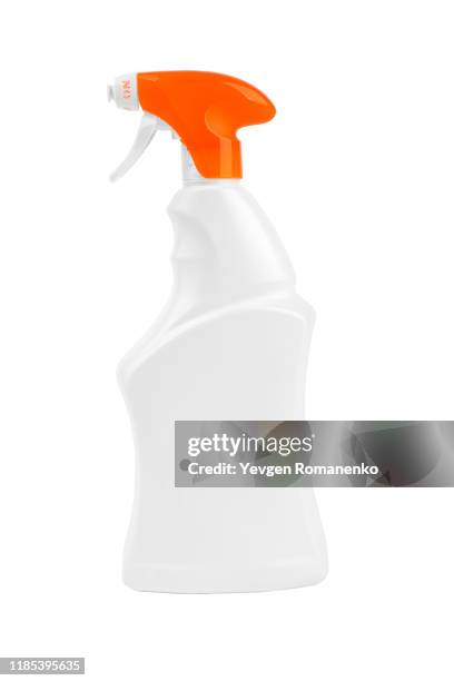 white spray bottle isolated on white background - clearing products stockfoto's en -beelden