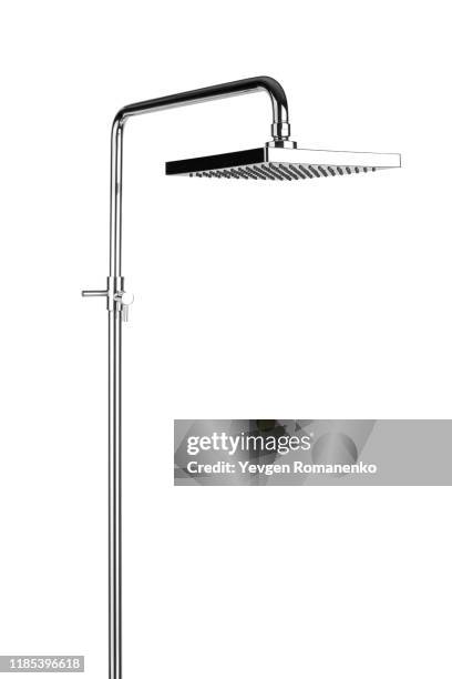 chrome rain shower head isolated on white background - duschkopf stock-fotos und bilder