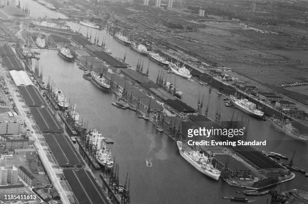 Aerial view of the King George V Dock, one of three docks in the Royal Docks of east London, part of the Docklands, UK, 24th August 1970.