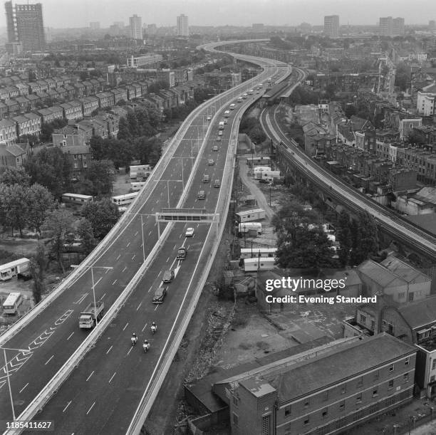 Aerial view on the Westway, elevated dual carriageway section of the A40 trunk road in West London, UK, 4th August 1970.