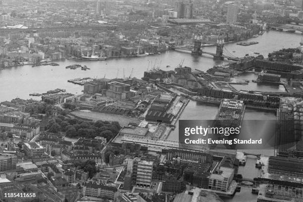 Aerial view of the St Katharine Docks and the River Thames in the London Borough of Tower Hamlets, London, UK, 24th August 1970.