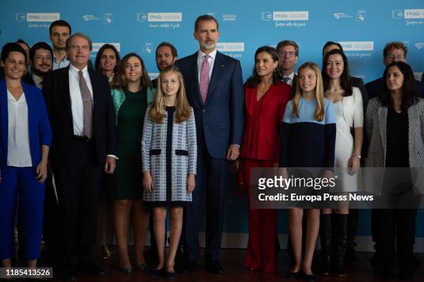 King Felipe of Spain, Queen Letizia, Infanta Sofia and Princess Leonor, pose with the award winners for the Princess of Girona Foundation on November...