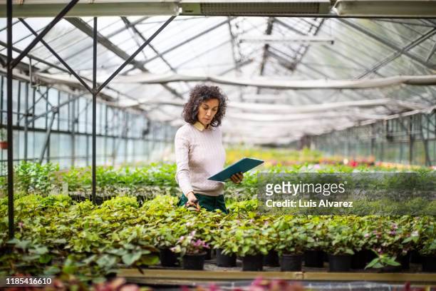 mid adult woman with clipboard working at garden center - life science stock pictures, royalty-free photos & images