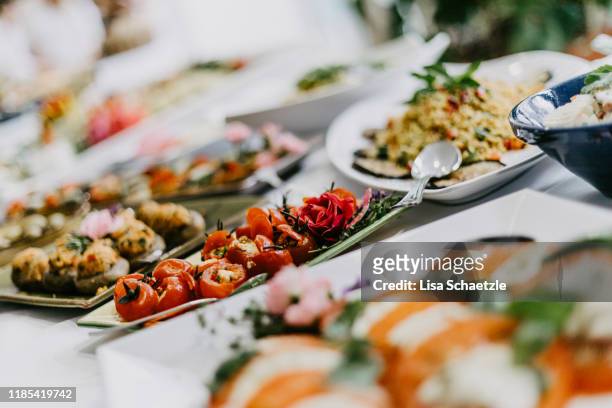 appetizer dishes on the buffet at a party - aperitivo buffet imagens e fotografias de stock