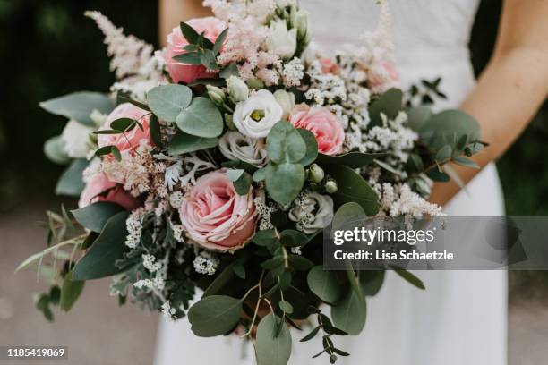 bridal bouquet with pink roses and eucalyptus - bouquet stock pictures, royalty-free photos & images