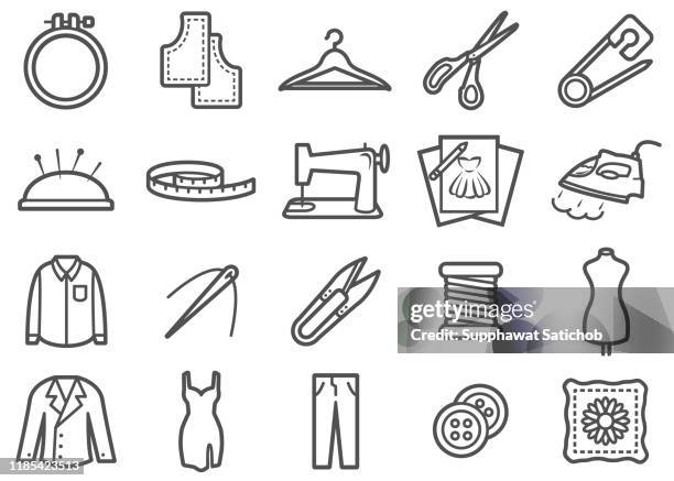 sewing and tailor made line icons set - sewing icons stock illustrations