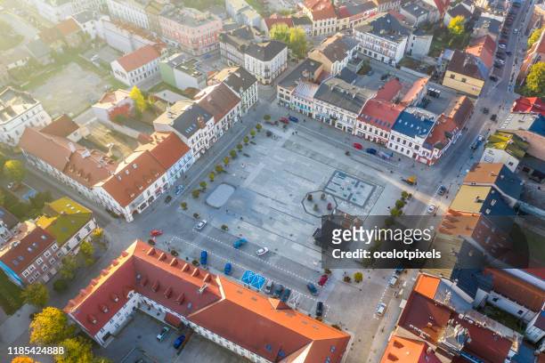 aerial view of the main square in oświęcim, morning sun, auschwitz - auschwitz stock pictures, royalty-free photos & images