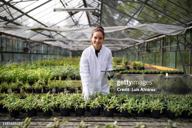 female farming researcher with a digital tablet - hydroponics stockfoto's en -beelden