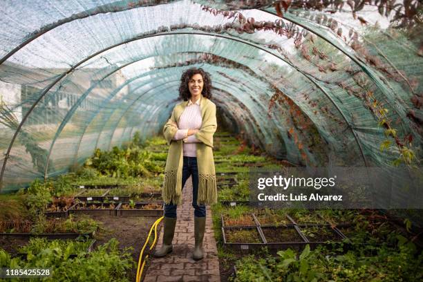 portrait of a smiling mid adult woman in greenhouse - green economy stockfoto's en -beelden