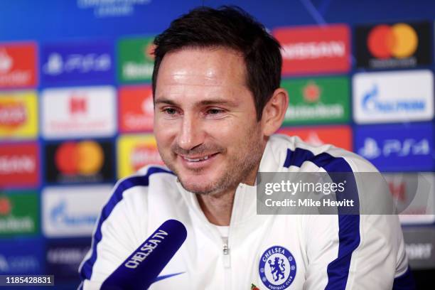 Frank Lampard, Manager of Chelsea speaks to media during a press conference ahead of their UEFA Champions League Group H match against Ajax at...