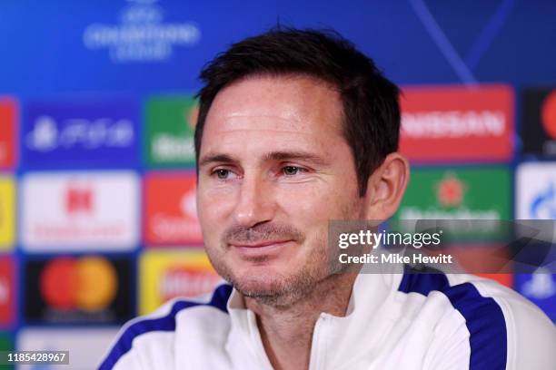 Frank Lampard, Manager of Chelsea speaks to media during a press conference ahead of their UEFA Champions League Group H match against Ajax at...