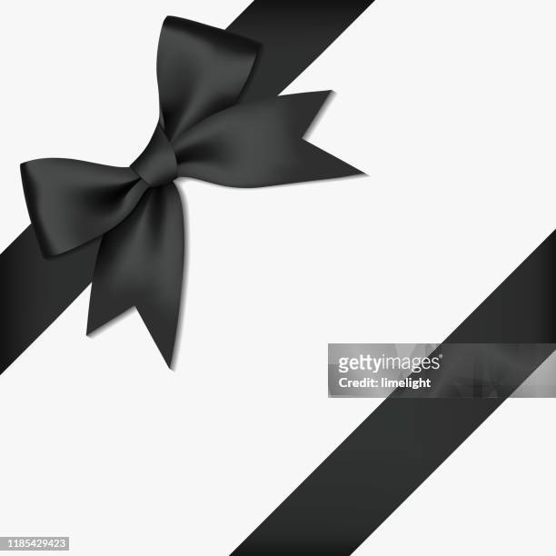 stockillustraties, clipart, cartoons en iconen met realistische decoratieve glanzende satijn zwart lint bow en lint, geïsoleerd op witte achtergrond - zwarte kleur