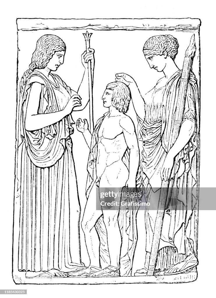 Demeter goddess of agriculture with Persephone consecrating Triptolemus