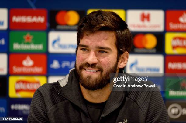 Alisson Becker of Liverpool during a press conference at Anfield on November 04, 2019 in Liverpool, England.