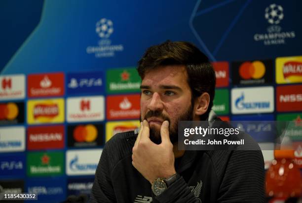 Alisson Becker of Liverpool during a press conference at Anfield on November 04, 2019 in Liverpool, England.