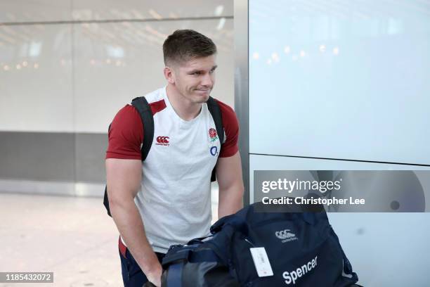 Owen Farrell of England arrives during the England Rugby World Cup Team Arrivals following the Rugby World Cup at Heathrow Airport on November 04,...