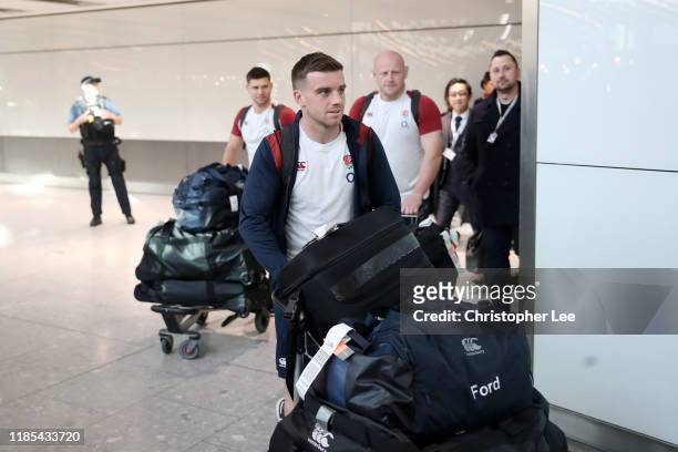 George Ford of England arrives during the England Rugby World Cup Team Arrivals following the Rugby World Cup at Heathrow Airport on November 04,...