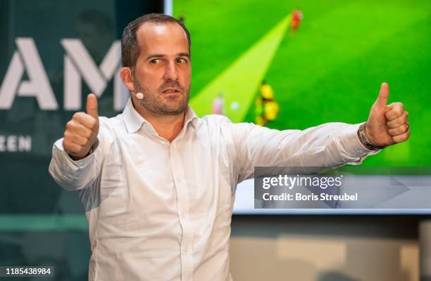 Manuel Baum, U 20 national coach and DFB Academy member talks during the DFB Academy Media Workshop at Loft am Salzufer on November 04, 2019 in...