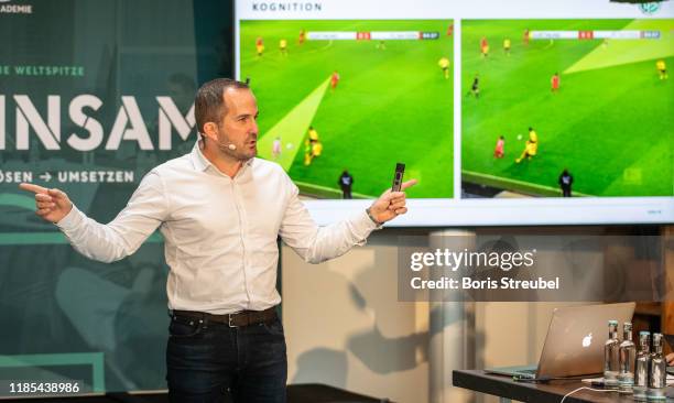 Manuel Baum, U 20 national coach and DFB Academy member talks during the DFB Academy Media Workshop at Loft am Salzufer on November 04, 2019 in...